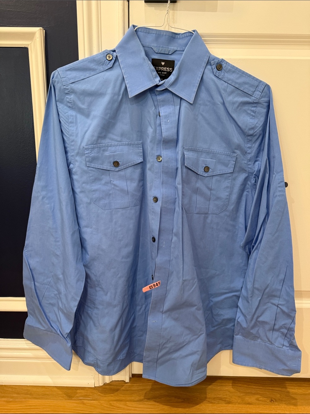 Express Men's Light Blue Long Sleeve Button-Down Utility Shirt